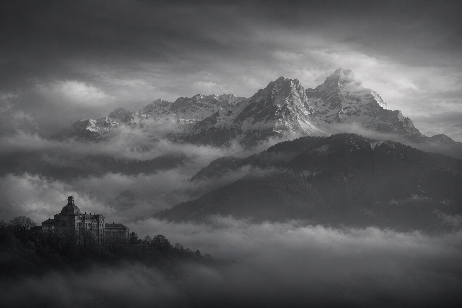 A grand house above the valley, beneath the Alps