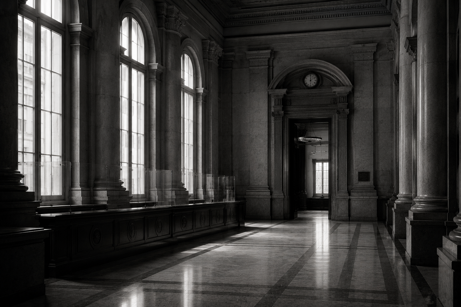 A historic banking hall in morning light