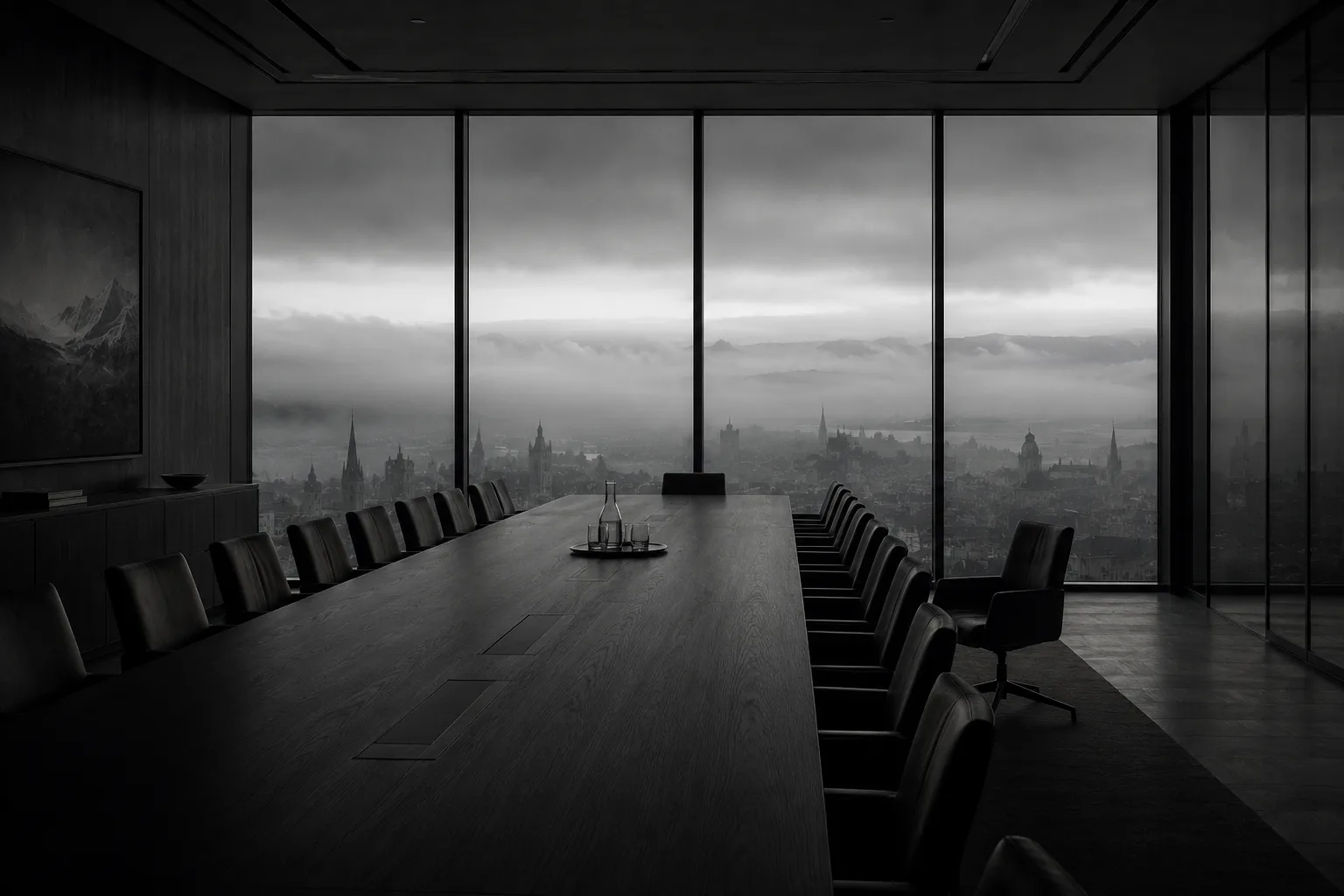 A still boardroom above a city held in fog
