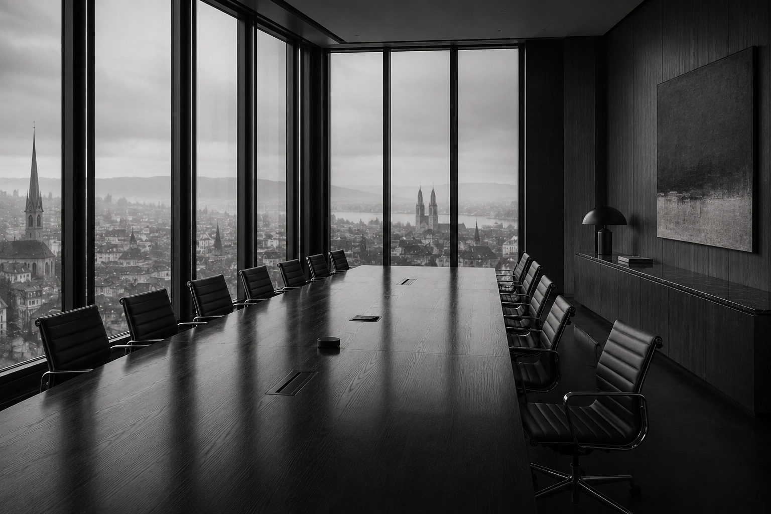 A boardroom of glass above Zürich at dusk