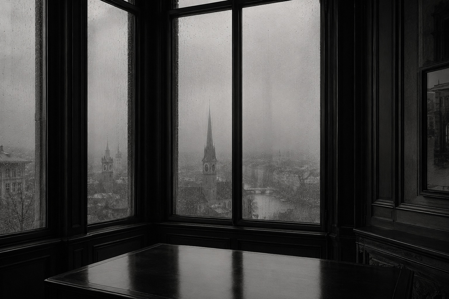 A rain-streaked window above the old city