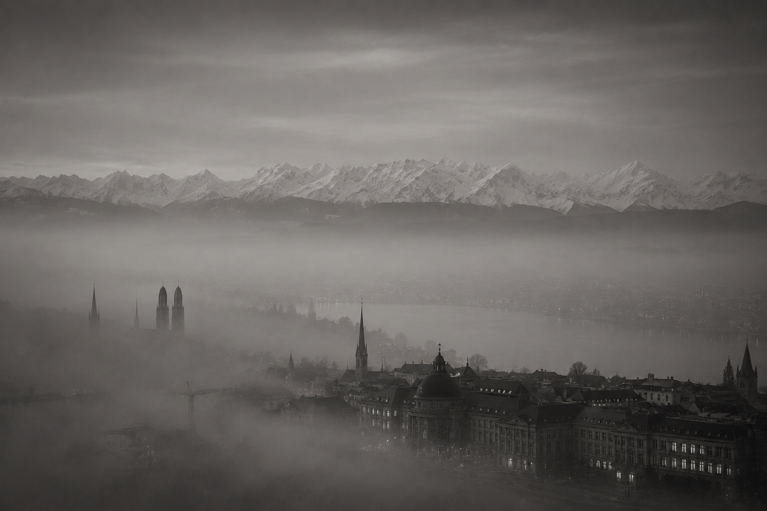 Zürich beneath the snow-bound Alps, held in fog