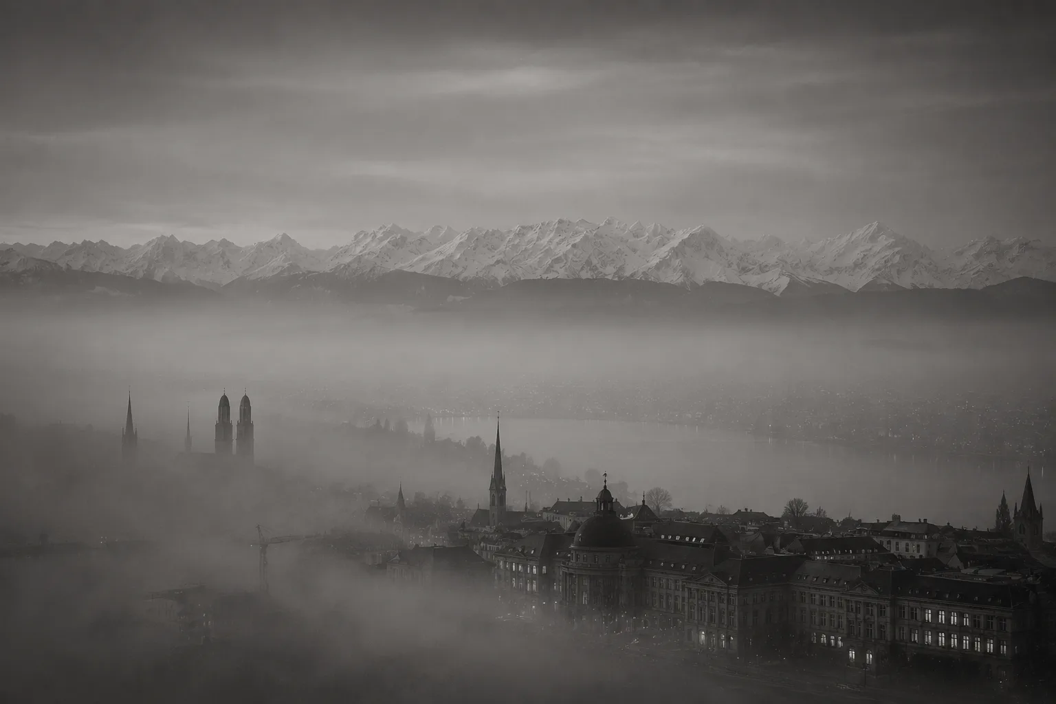 Zürich beneath the snow-bound Alps, held in fog