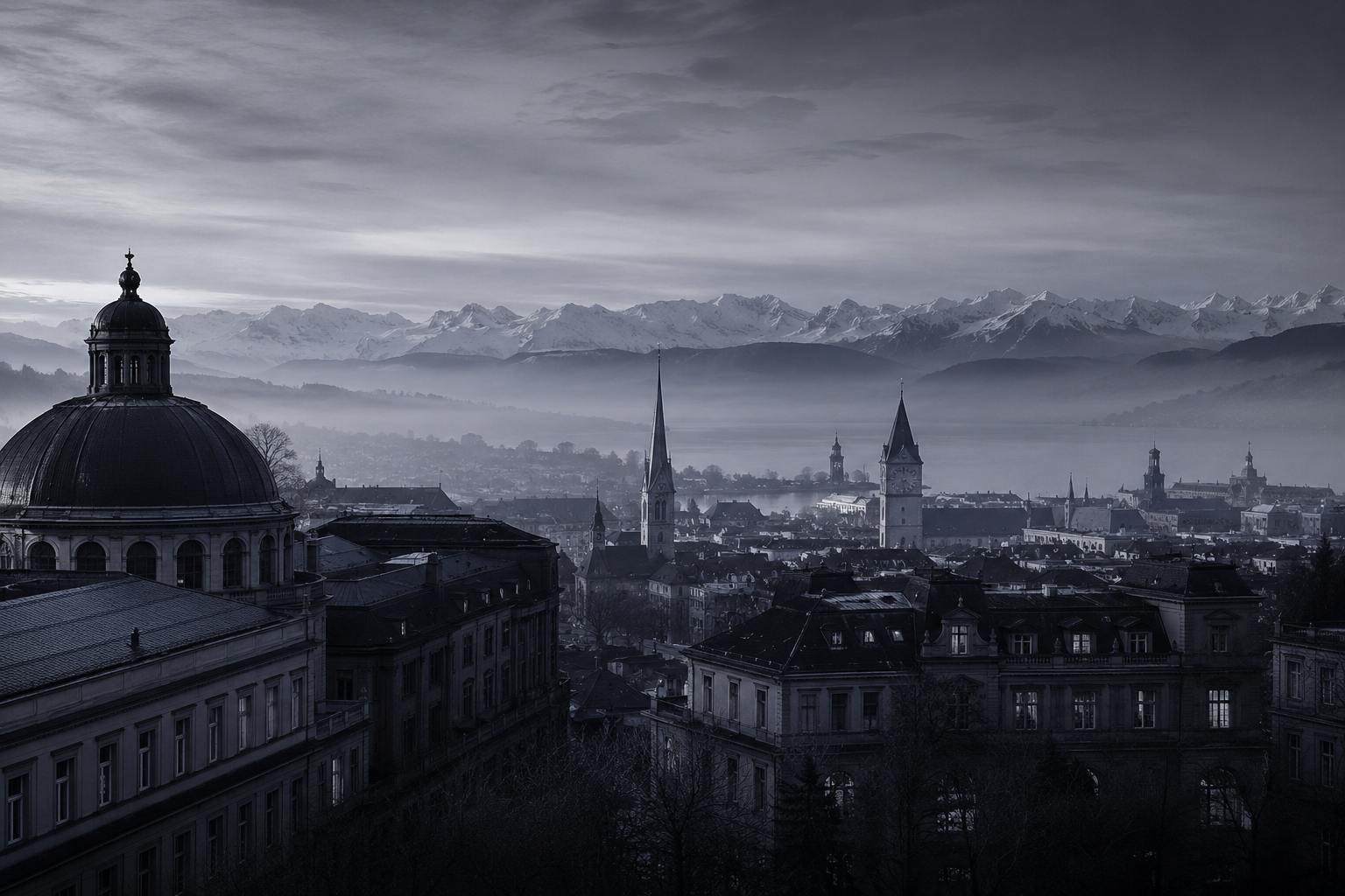 Zürich at dusk beneath the Alps